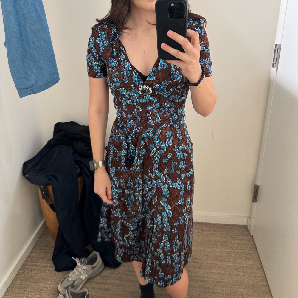 Blumarine Brown and Blue Floral Midi Dress